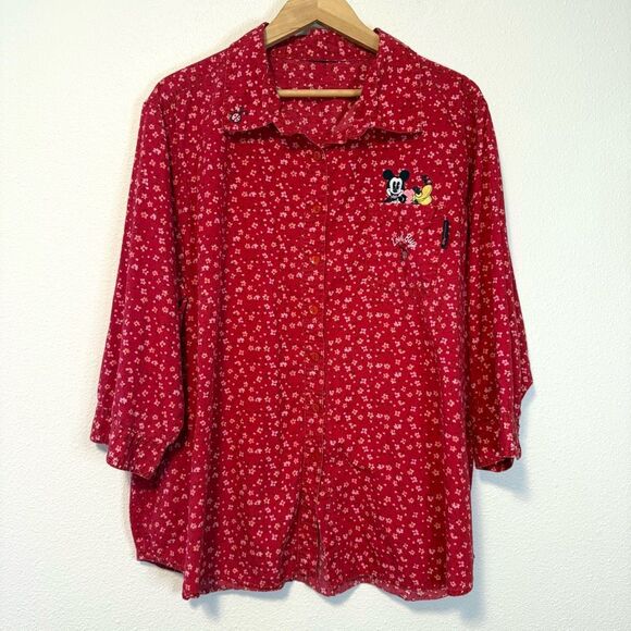 Disney Valentines Mickey Mouse Love Bug Embroidered Button Down Blouse Size 2X - Picture 1 of 8